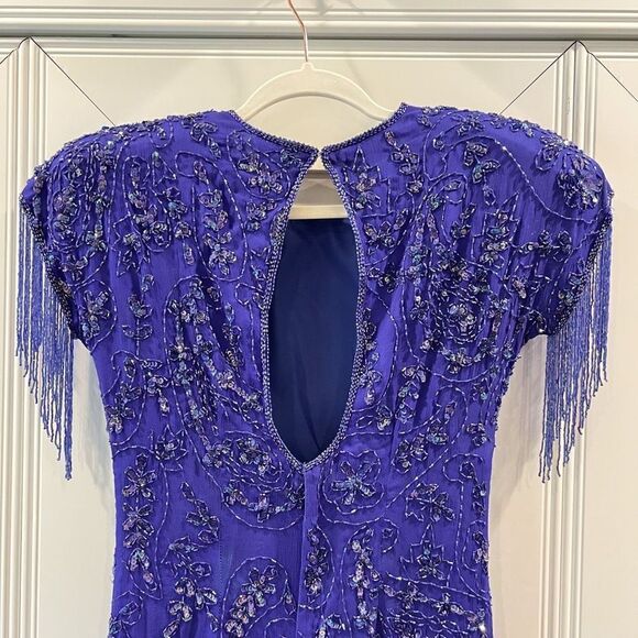 VTG Stenay Women 4 100% Pure Silk Royal Blue Beaded Fringe Elegant Flapper Dress - Picture 7 of 15